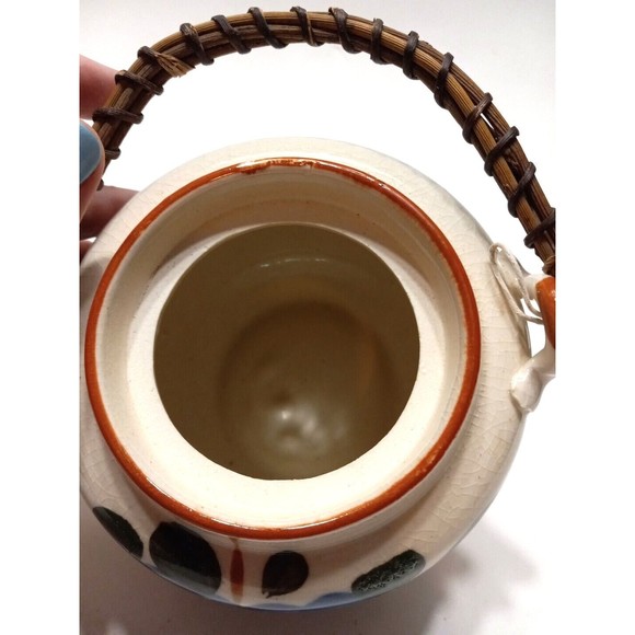 Vintage Stoneware Tea Pot Bamboo Handle Japan Blue Flowers Green Leaves - Picture 7 of 11